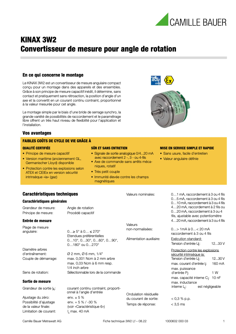 Page 1 de la notice Fiche technique Camille Bauer KINAX 3W2