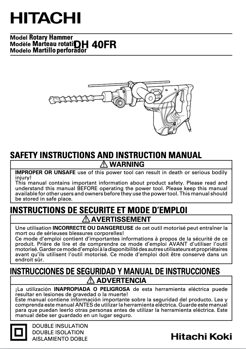 Page 1 de la notice Manuel utilisateur Hitachi DH 40FR