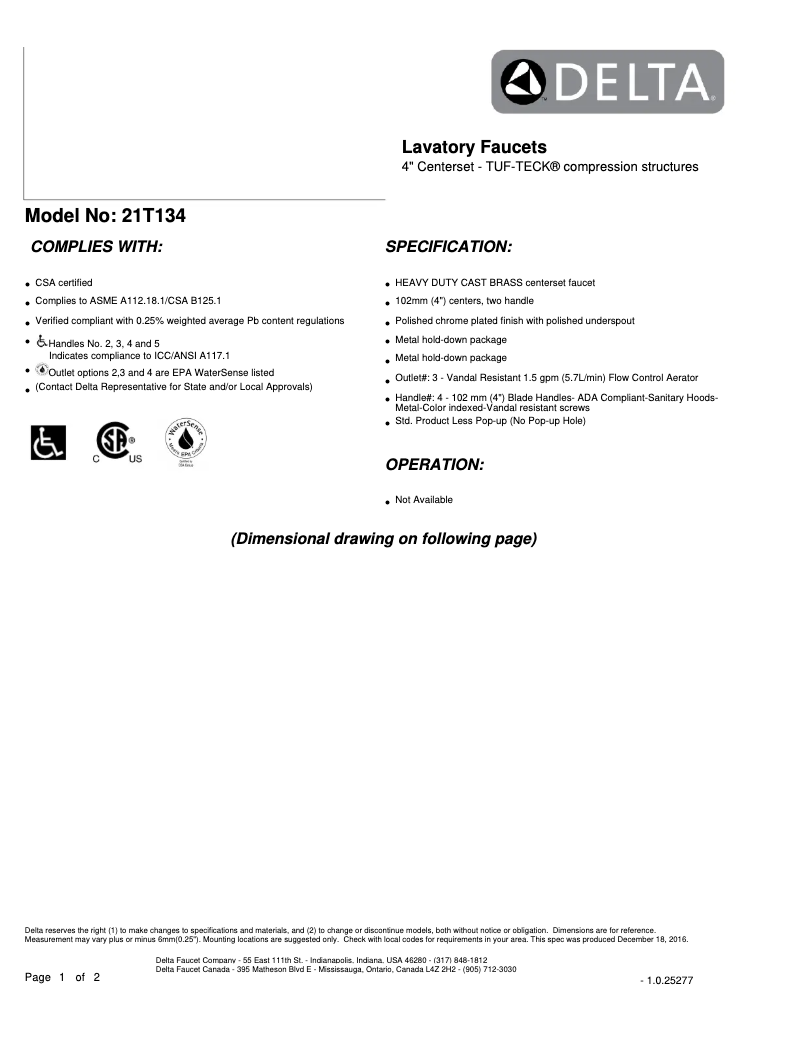 Page 1 de la notice Manuel utilisateur Delta 21T134