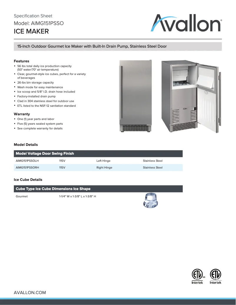 Page 1 de la notice Fiche technique Avallon AIMG151PSSOLH