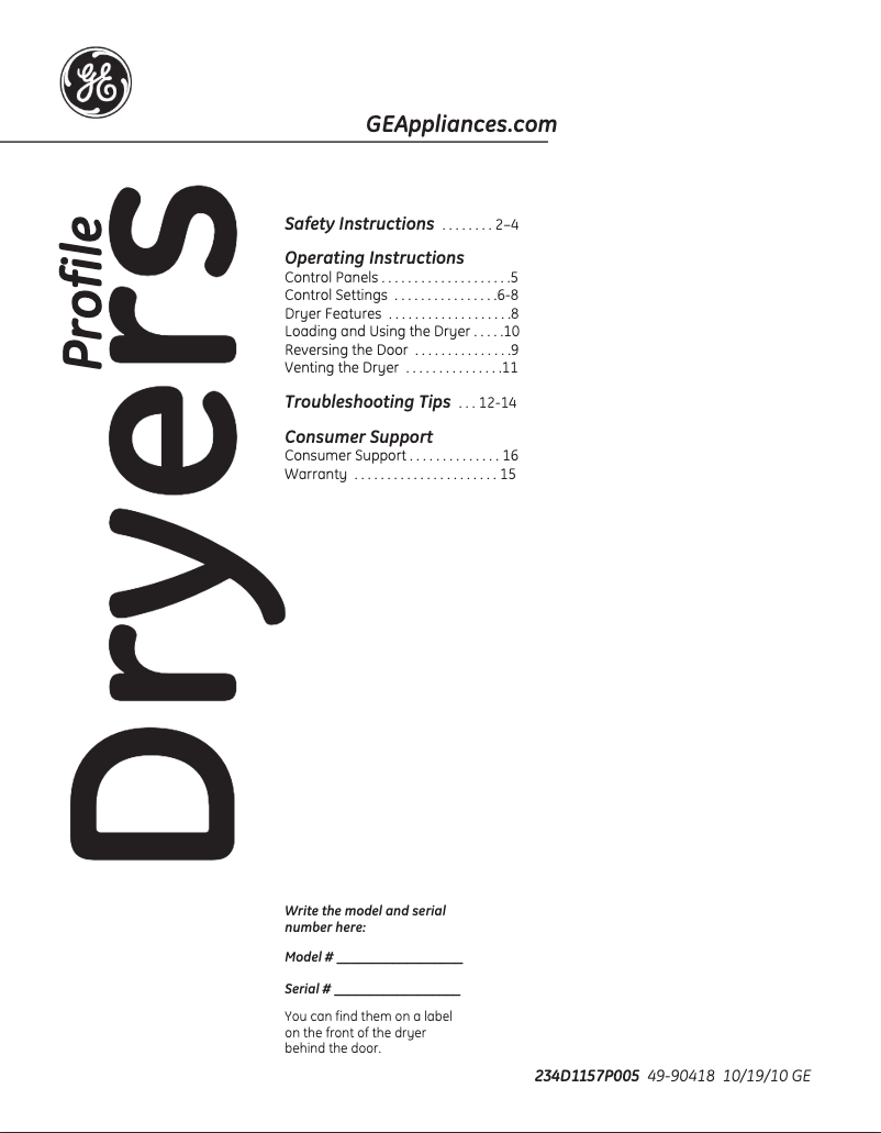 Página 1 del manual Manual de uso y mantenimiento GE PTDN600EMWT