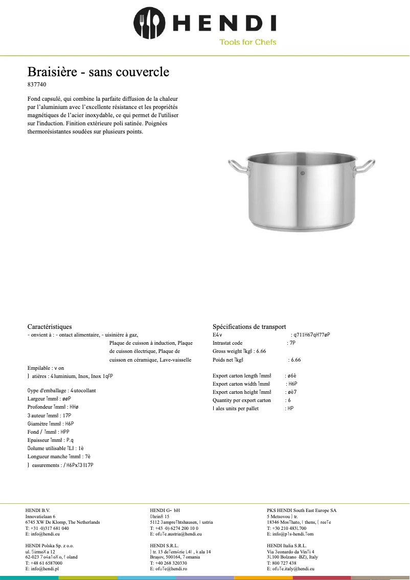 Page 1 de la notice Fiche technique Hendi 837719