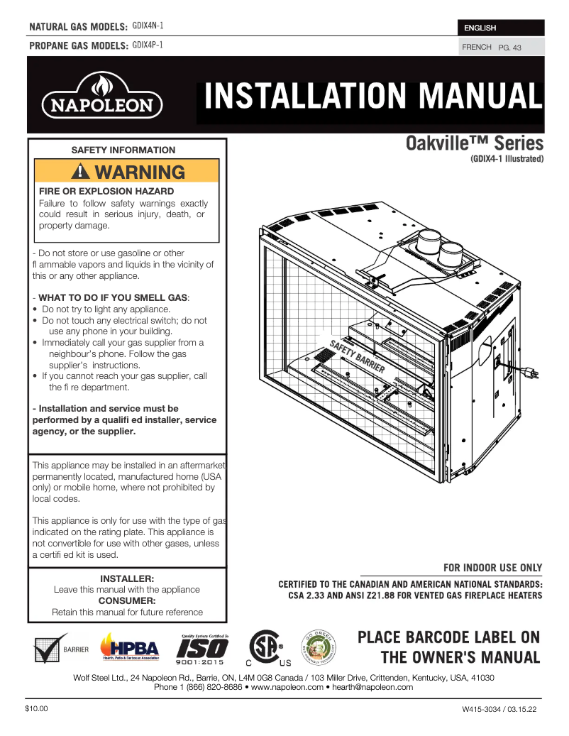 Page n°1 - Manuel utilisateur Napoleon Oakville X4