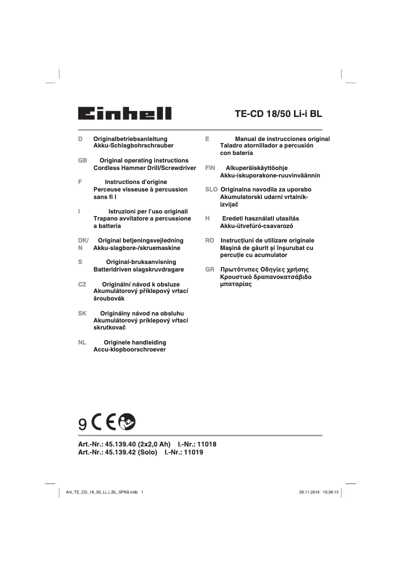 Page n°1 - Manuel utilisateur Einhell TE-CD 18/50 Li-i BL