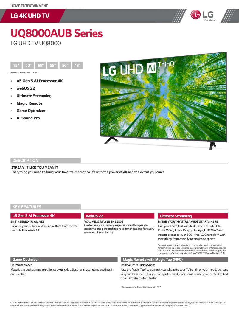 Página 1 del manual Ficha técnica LG 75UQ8000AUB