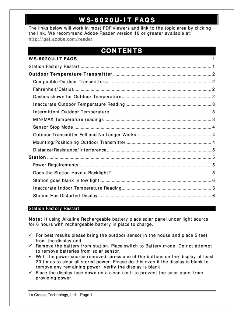 Page n°1 - FAQ La Crosse Technology WS-6020U-IT
