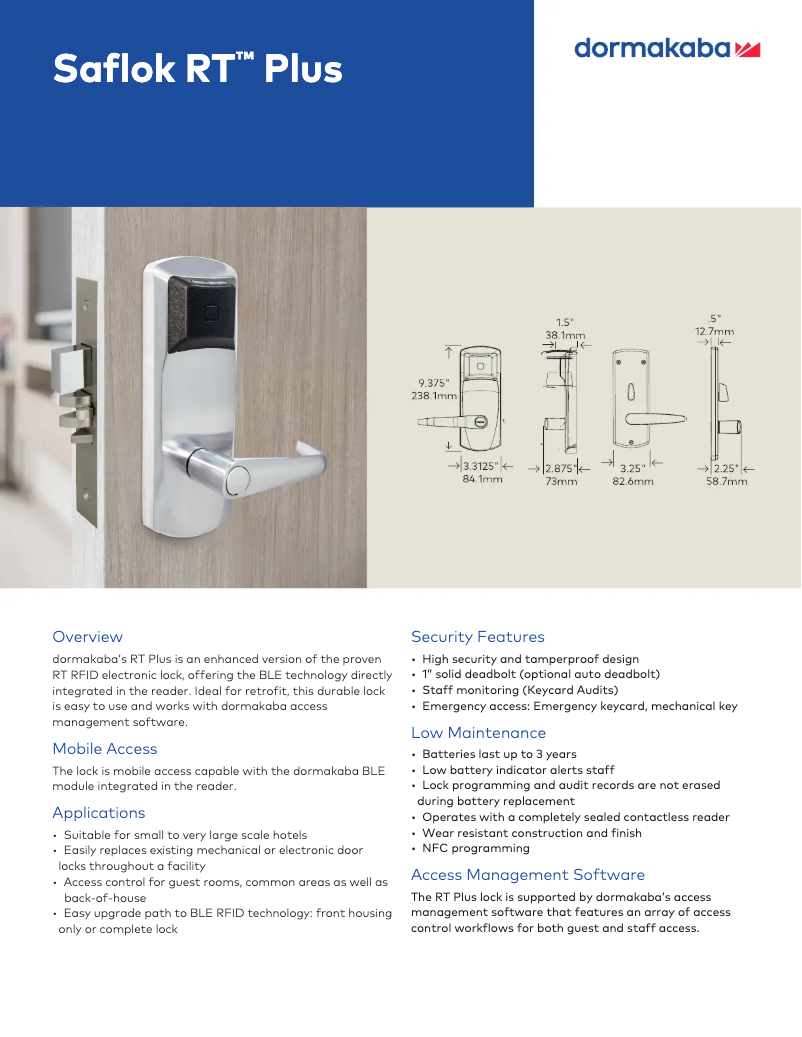 Page 1 de la notice Fiche technique Dormakaba Saflok RT Plus