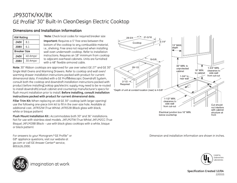 Page 1 of the manual Technical Sheet GE Profile JP930TKWW