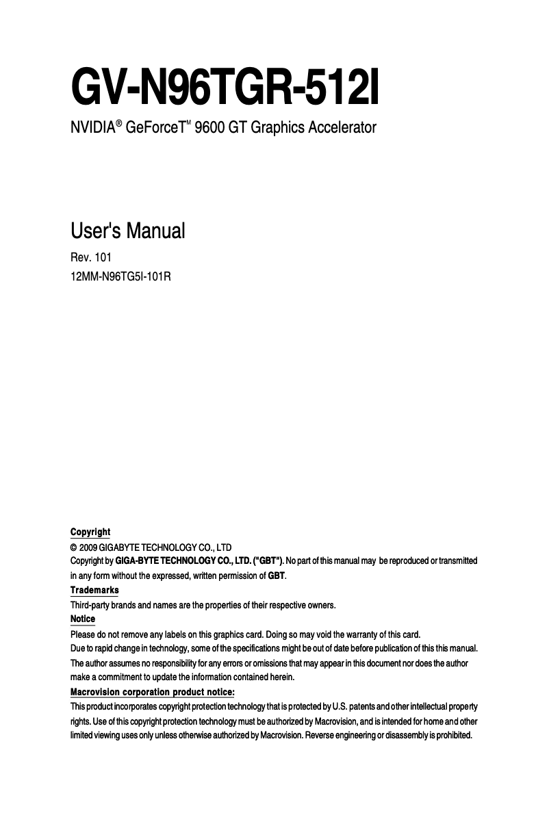 Image de la première page du manuel de l'appareil GV-N96TGR-512I