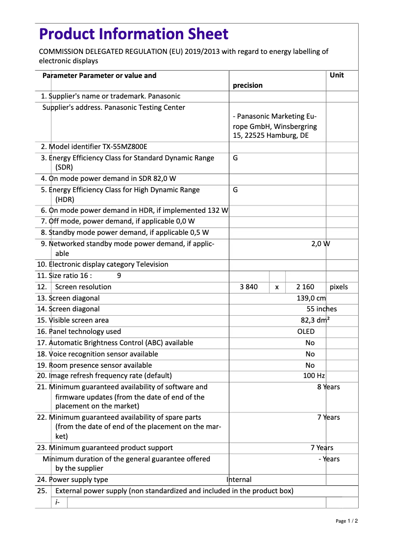 Page 1 de la notice Fiche technique Panasonic TX-55MZ800E
