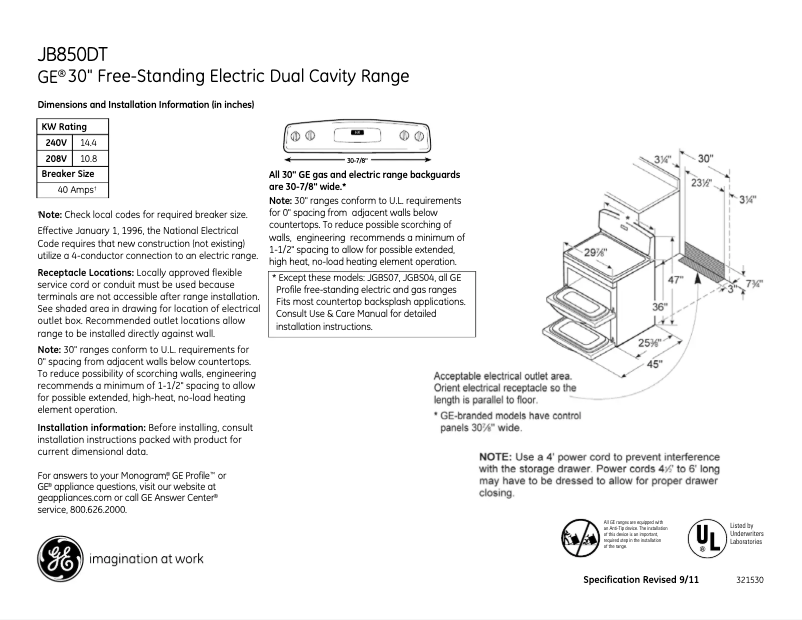 Page 1 de la notice Fiche technique GE JB850DTWW