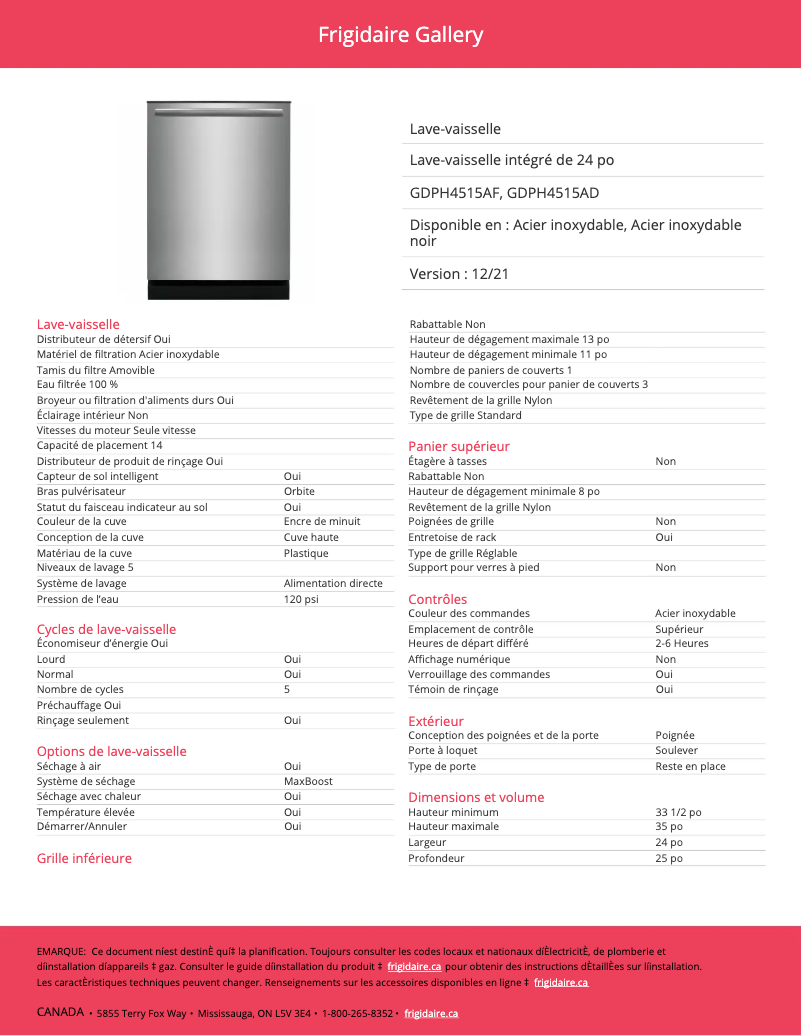 Página 1 del manual Ficha técnica Frigidaire GDPH4515AF