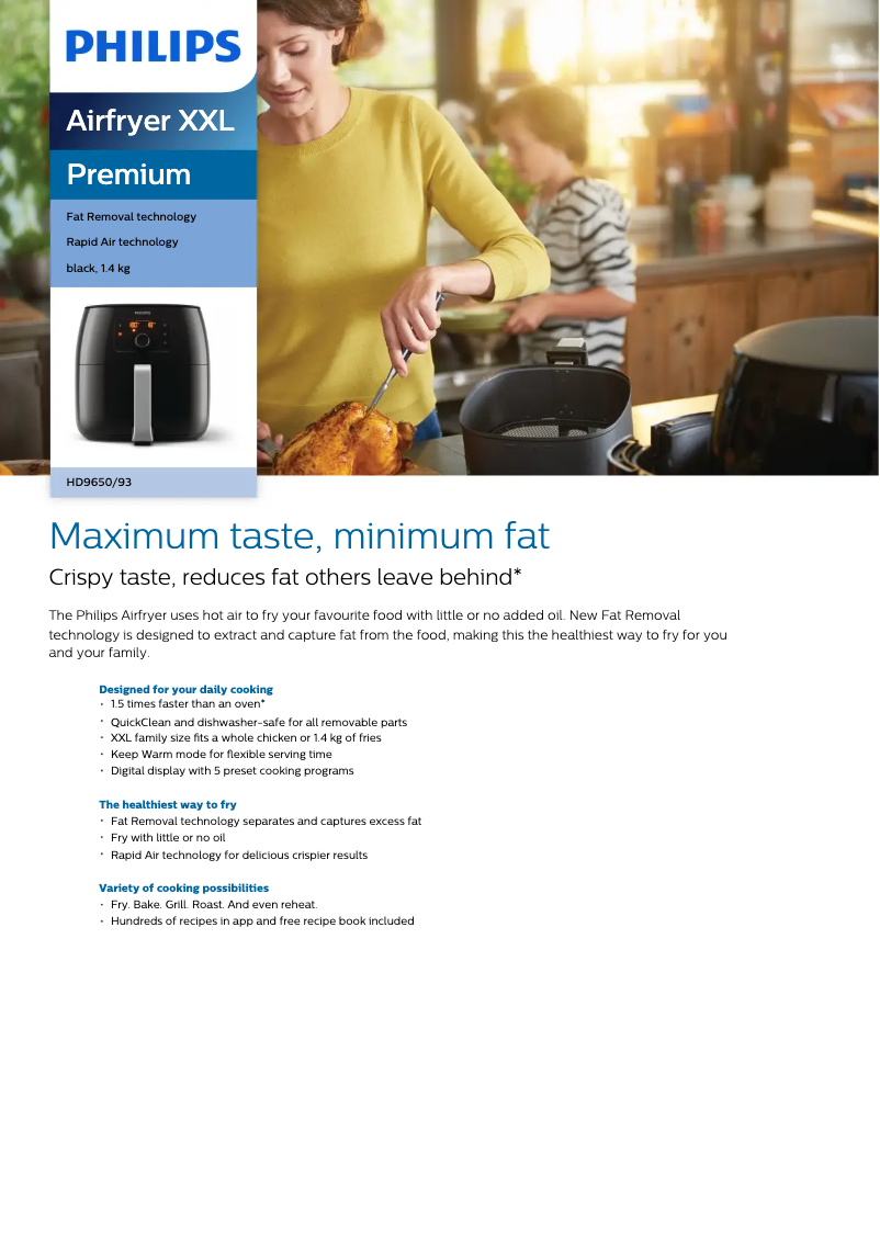 Page 1 de la notice Fiche technique Philips Avance Collection Airfryer XXL HD9650