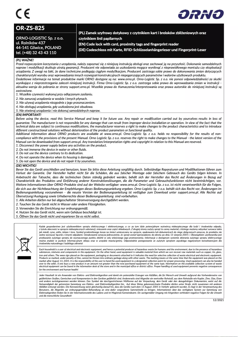 Page 1 de la notice Manuel utilisateur ORNO OR-ZS-825