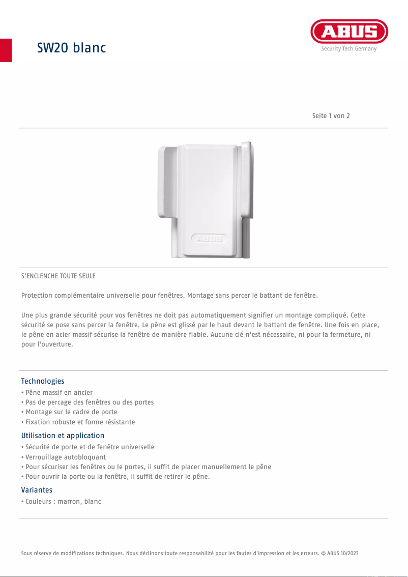 Image de la première page du manuel de l'appareil SW20