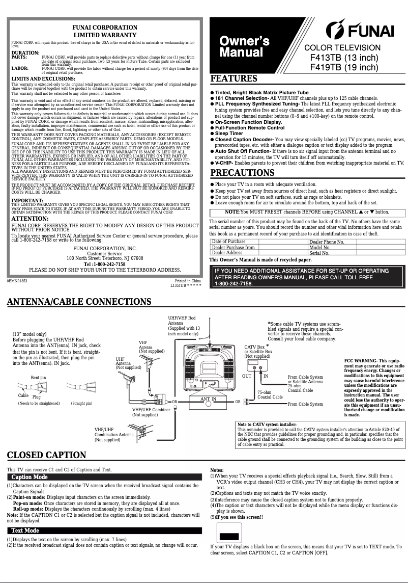 Page 1 de la notice Manuel utilisateur Funai F419TB