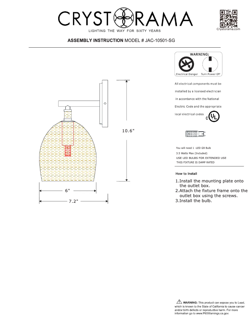 Página 1 del manual Manual de usuario Crystorama Jace JAC-10501-SG