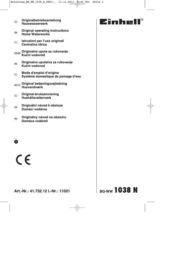 Page 1 de la notice Mode d'emploi Einhell BG-WW 1038 N