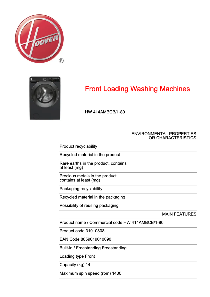 Page 1 de la notice Fiche technique Hoover H-WASH 500 HW 414AMBCB/1-80