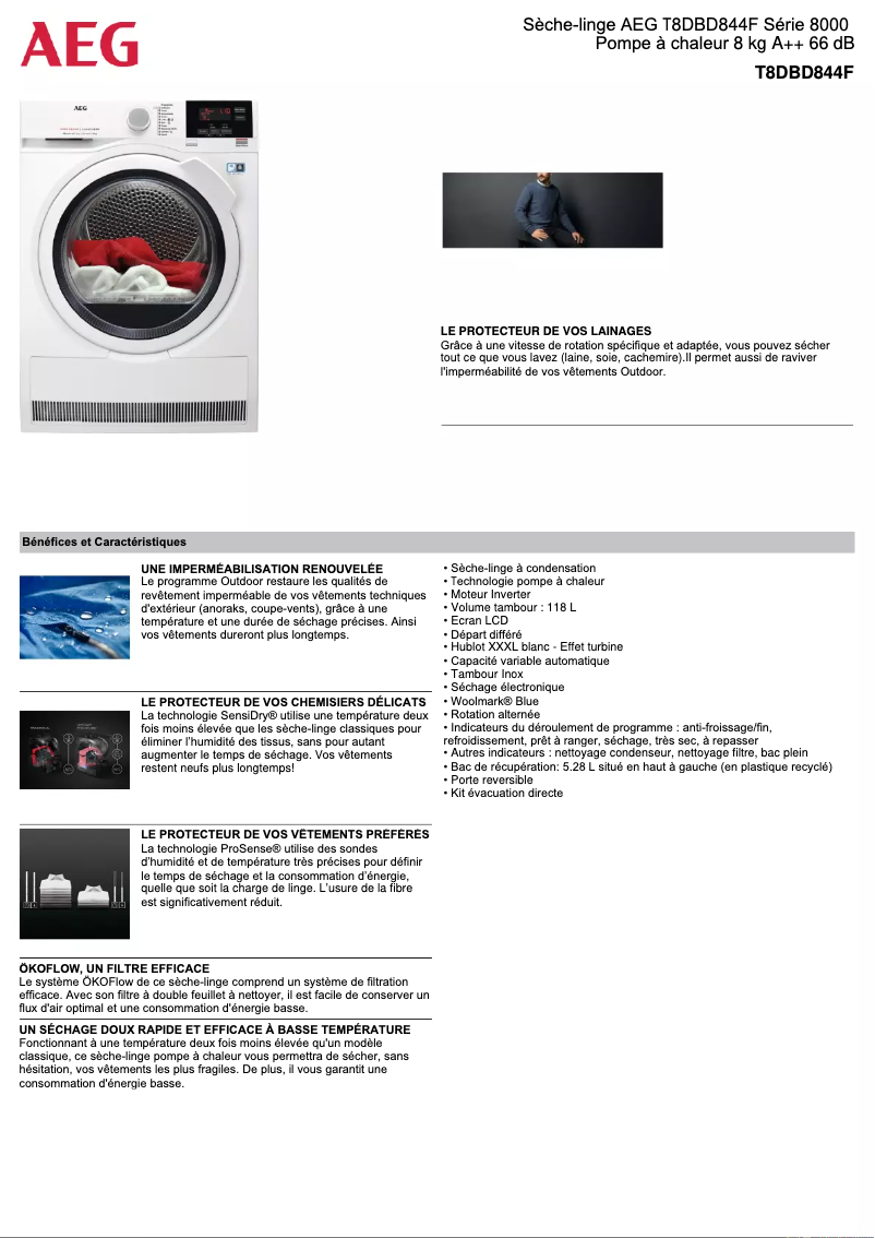 Página 1 del manual Ficha técnica AEG T8DBD844F