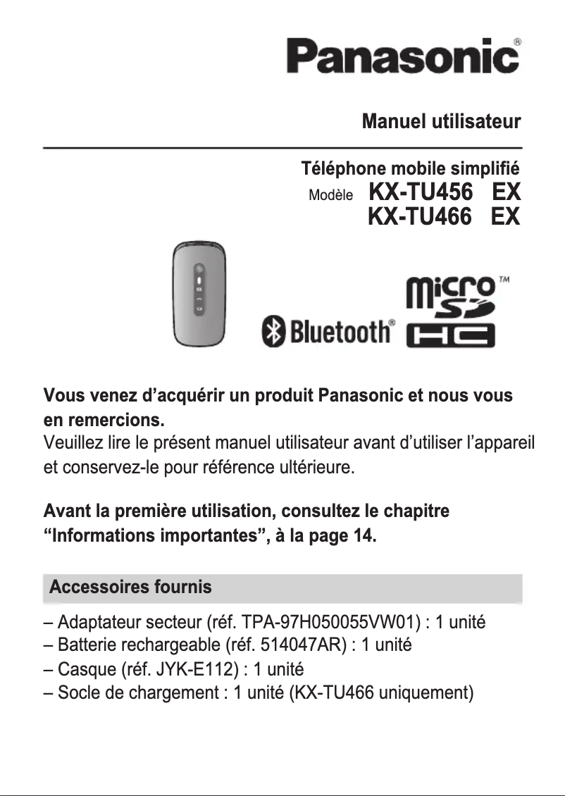 Page 1 de la notice Manuel utilisateur Panasonic KX-TU456
