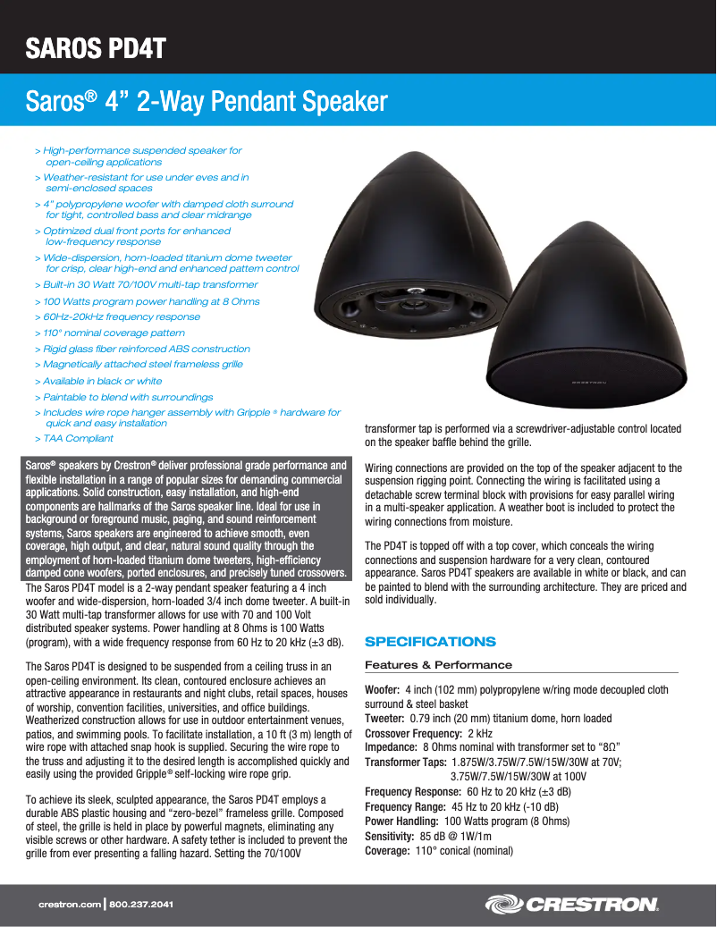 Page n°1 - Fiche technique Crestron Saros PD4T-W-T-EACH