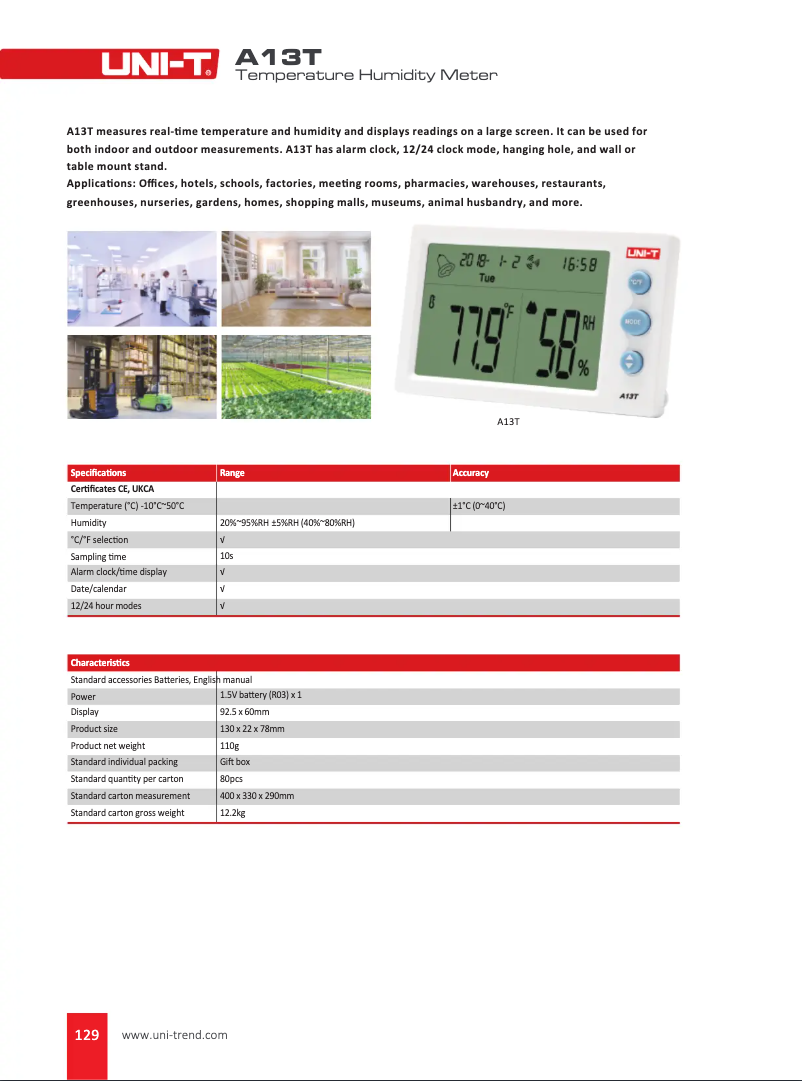 Page 1 de la notice Fiche technique Uni-T A13T