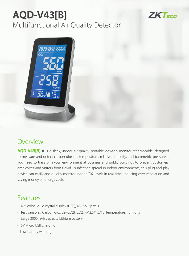 Page 1 de la notice Fiche technique ZKTeco AQD-V43[B]