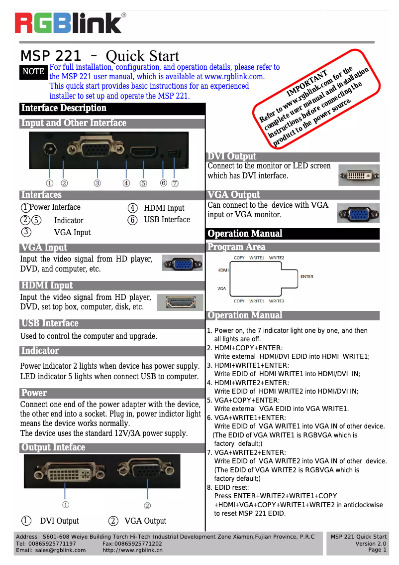 Page n°1 - Manuel utilisateur RGBlink MSP 221