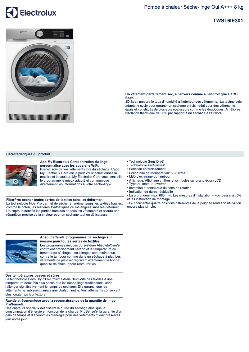 Page 1 de la notice Fiche technique Electrolux TWSL6IE301