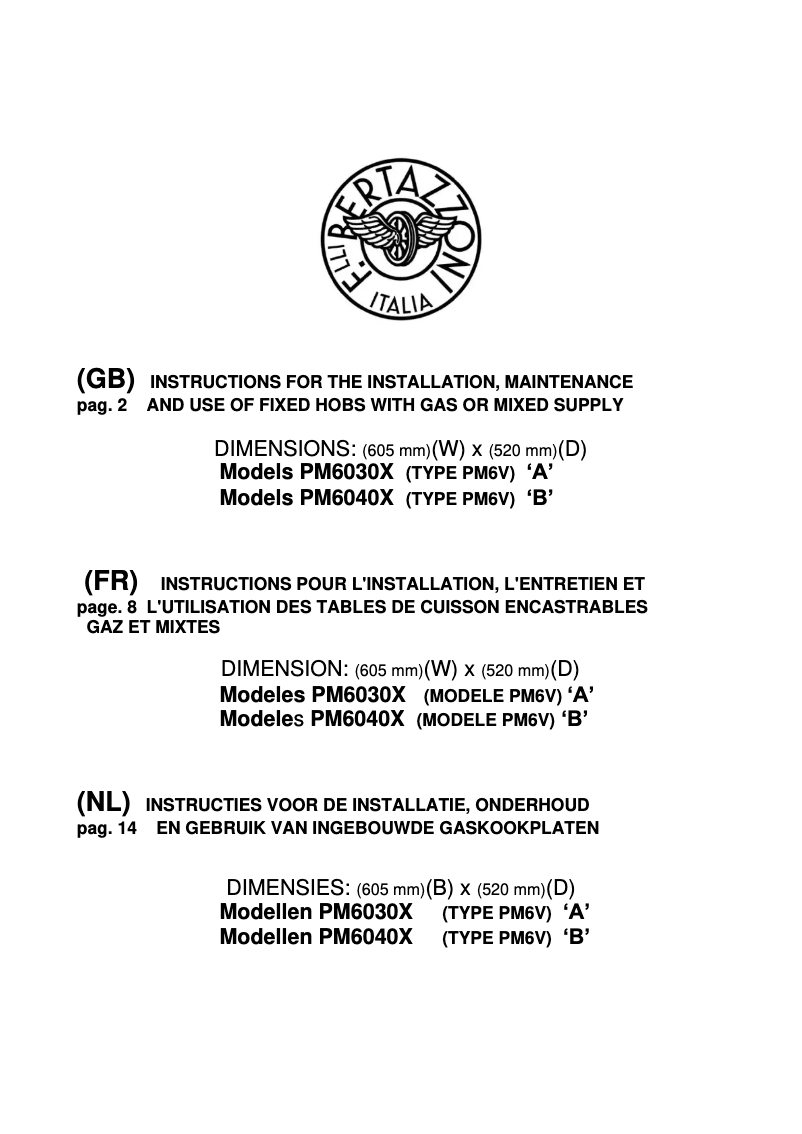 Página 1 del manual Manual de usuario Bertazzoni PM6030X PM6V A