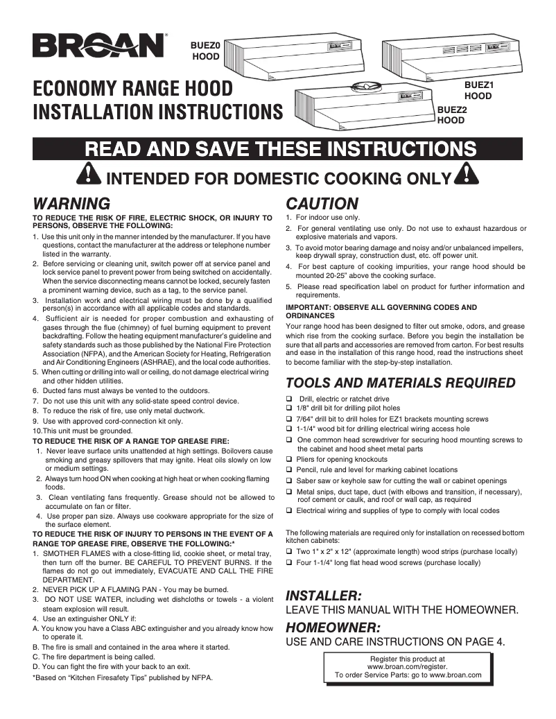 Page 1 de la notice Guide d'installation Broan BUEZ024WW