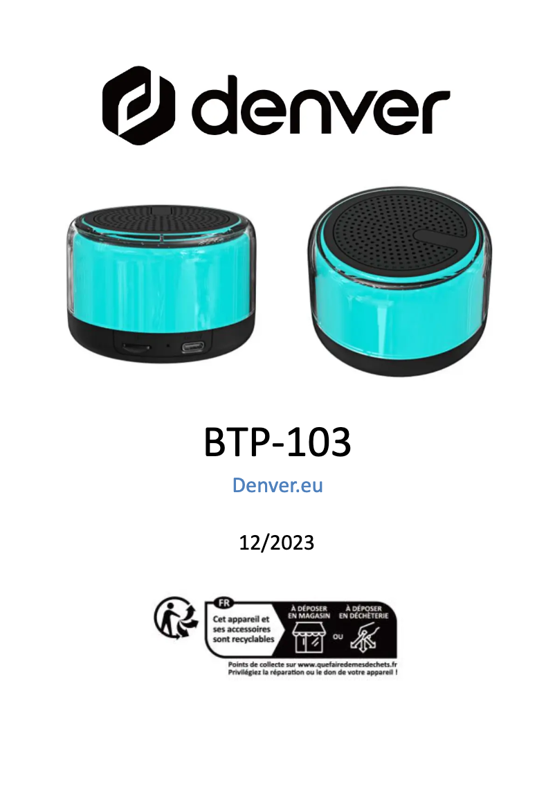 Page 1 de la notice Manuel utilisateur Denver BTP-103