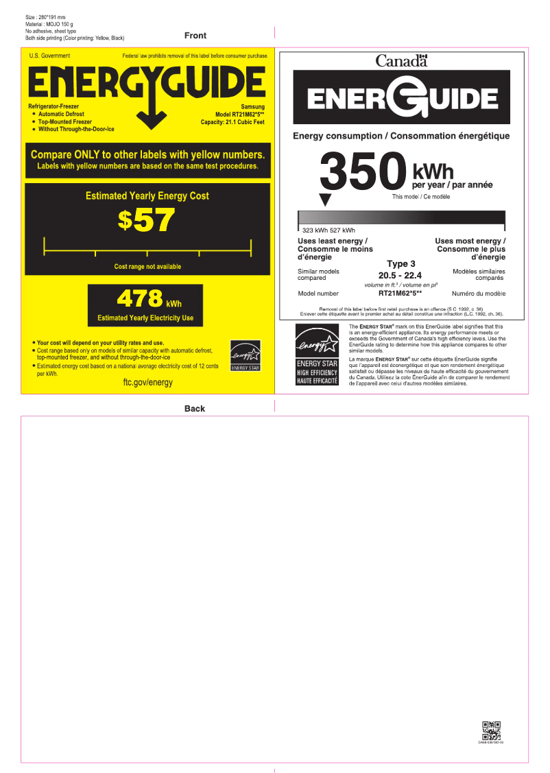 Page 1 de la notice Label énergétique Samsung RT21M6215SG