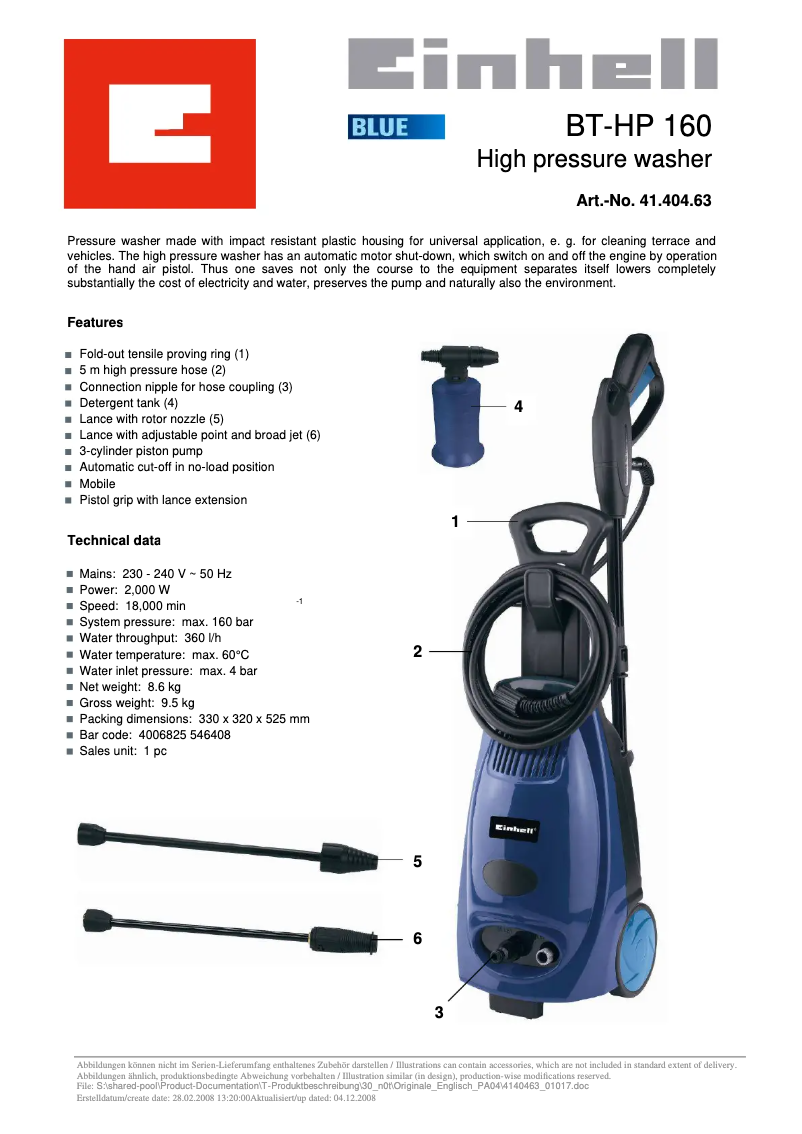 Page n°1 - Manuel utilisateur Einhell BT-HP 160