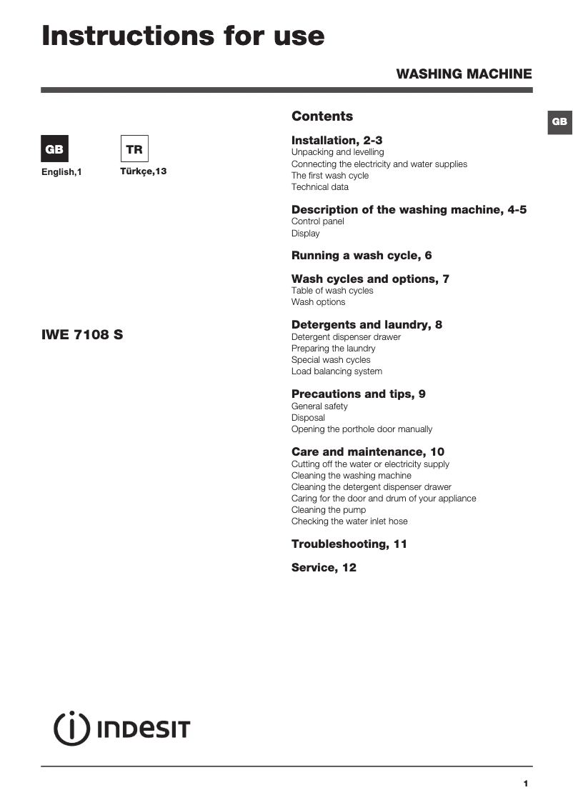 Page 1 of the manual User Manual Indesit IWE 7108 S