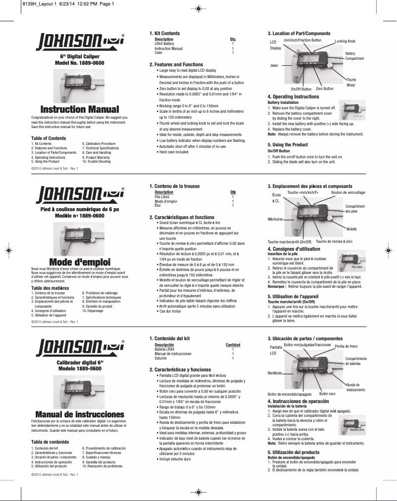 Page 1 de la notice Manuel utilisateur Johnson Level 1889-0600