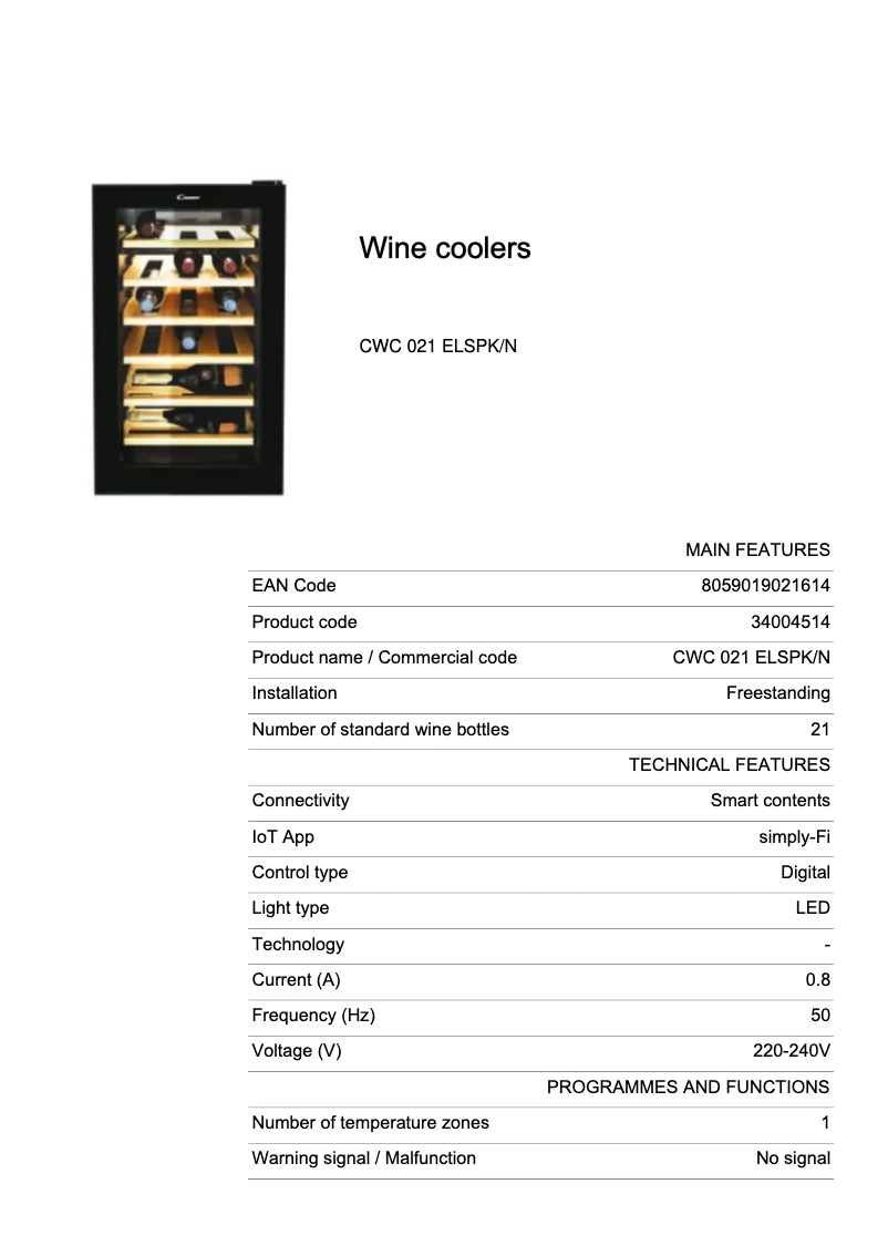 Page 1 de la notice Fiche technique Candy CWC 021 ELSPK/N