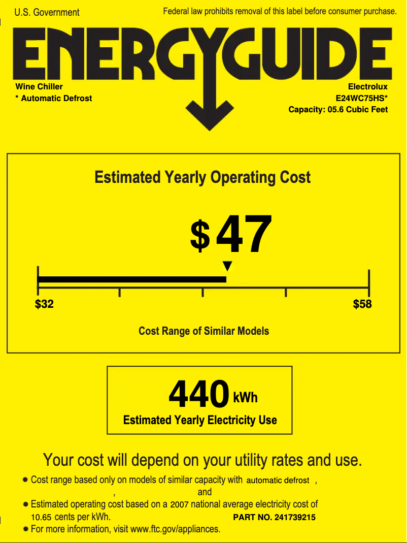 Page 1 de la notice Label énergétique Electrolux E24WC75HSS