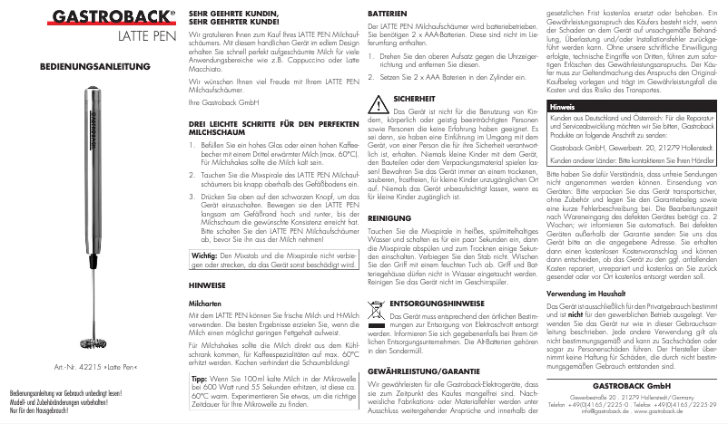 Page 1 de la notice Manuel utilisateur Gastroback 42215