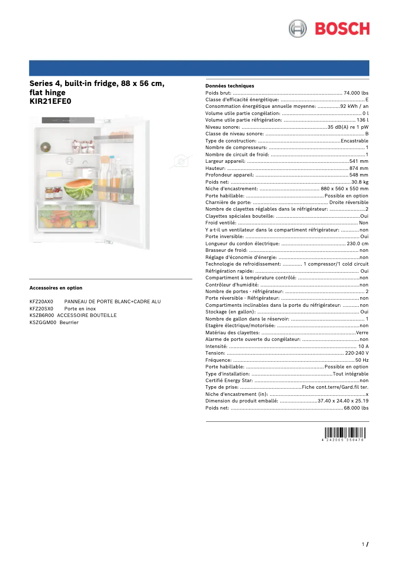 Page n°1 - Fiche technique Bosch KIR21EFE0