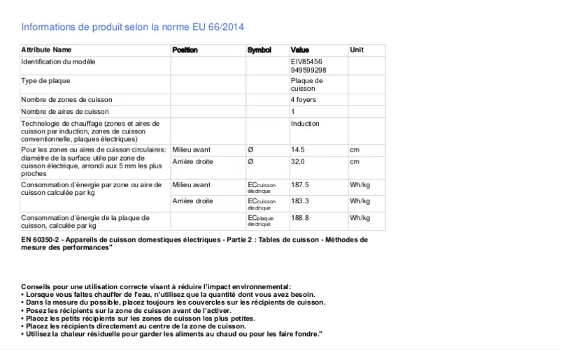 Page 1 de la notice Fiche technique Electrolux EIV85456