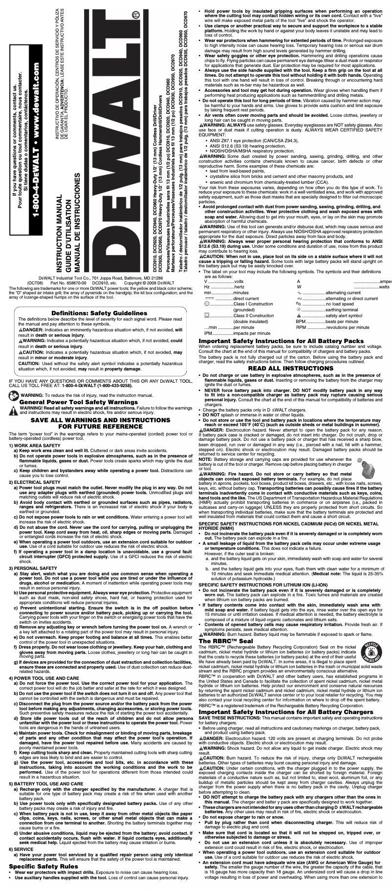 Page 1 de la notice Manuel utilisateur DeWalt DCD960