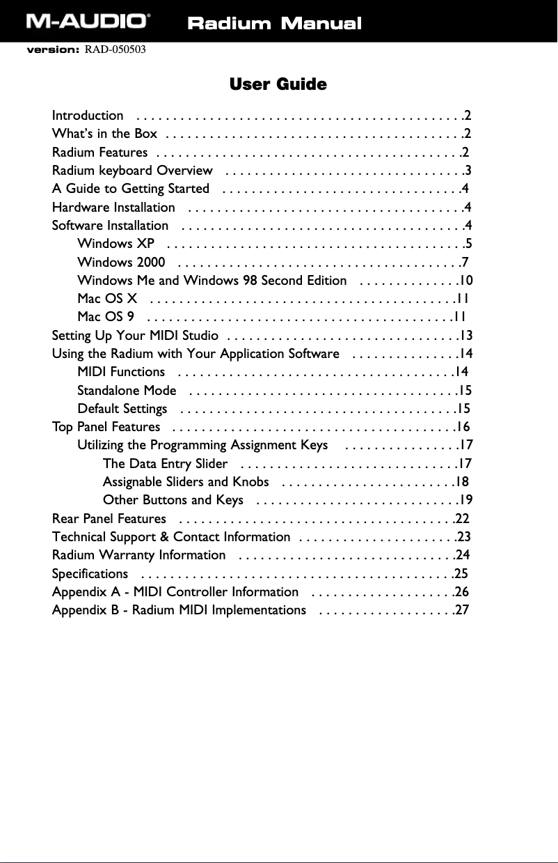 Page n°1 - Manuel utilisateur M-Audio Radium 61