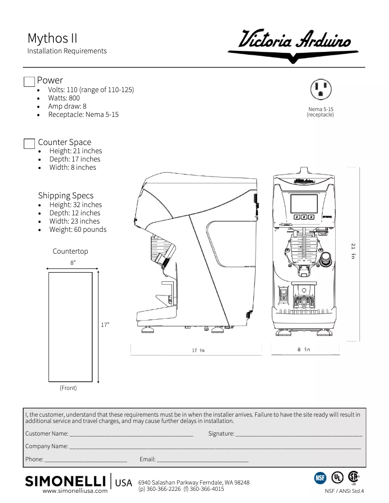 Page 1 de la notice Fiche technique Nuova Simonelli MYTHOS 2