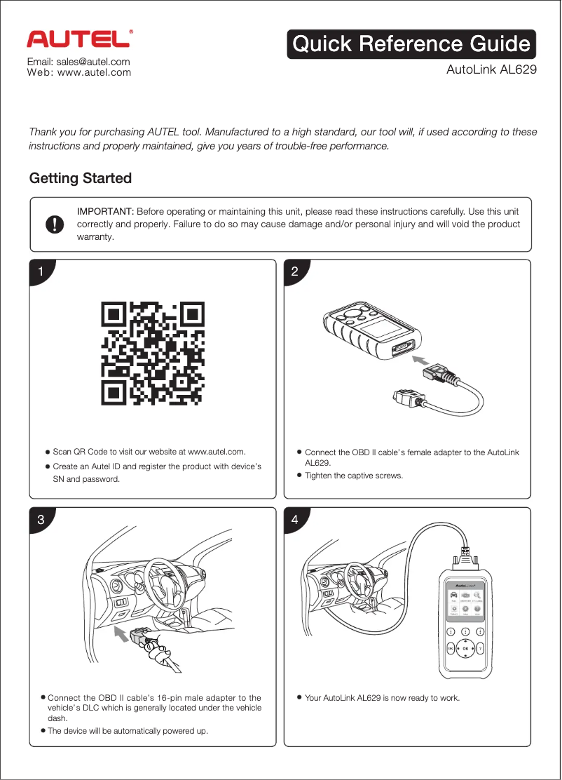 Page 1 de la notice Guide de démarrage rapide Autel AutoLink AL629