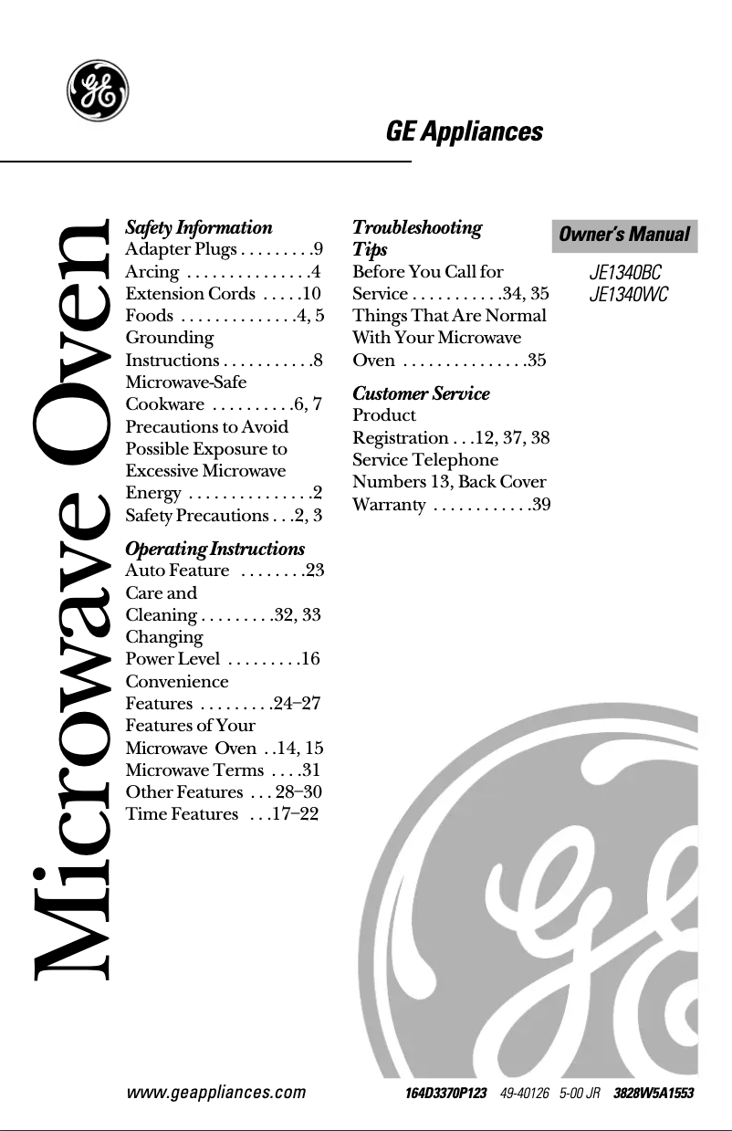 Page n°1 - Manuel d'utilisation et d'entretien GE JE1340WC