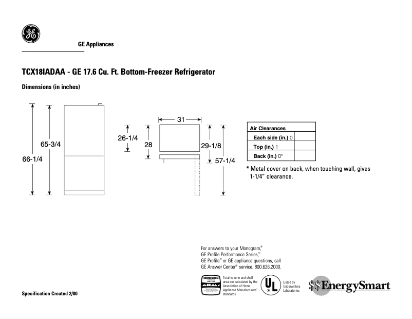 Page n°1 - Fiche technique GE TCX18IADAA