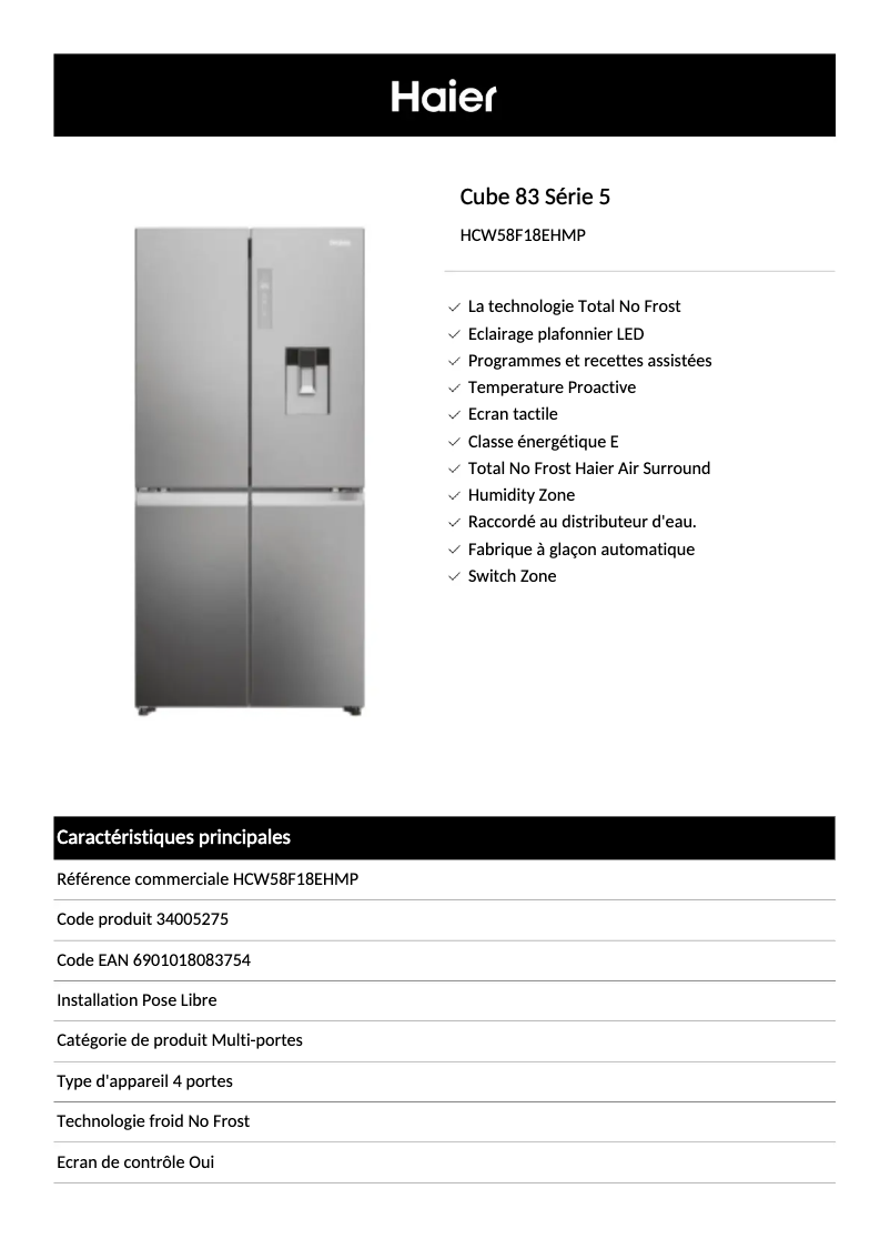 Page 1 de la notice Fiche technique Haier HCW58F18EHMP