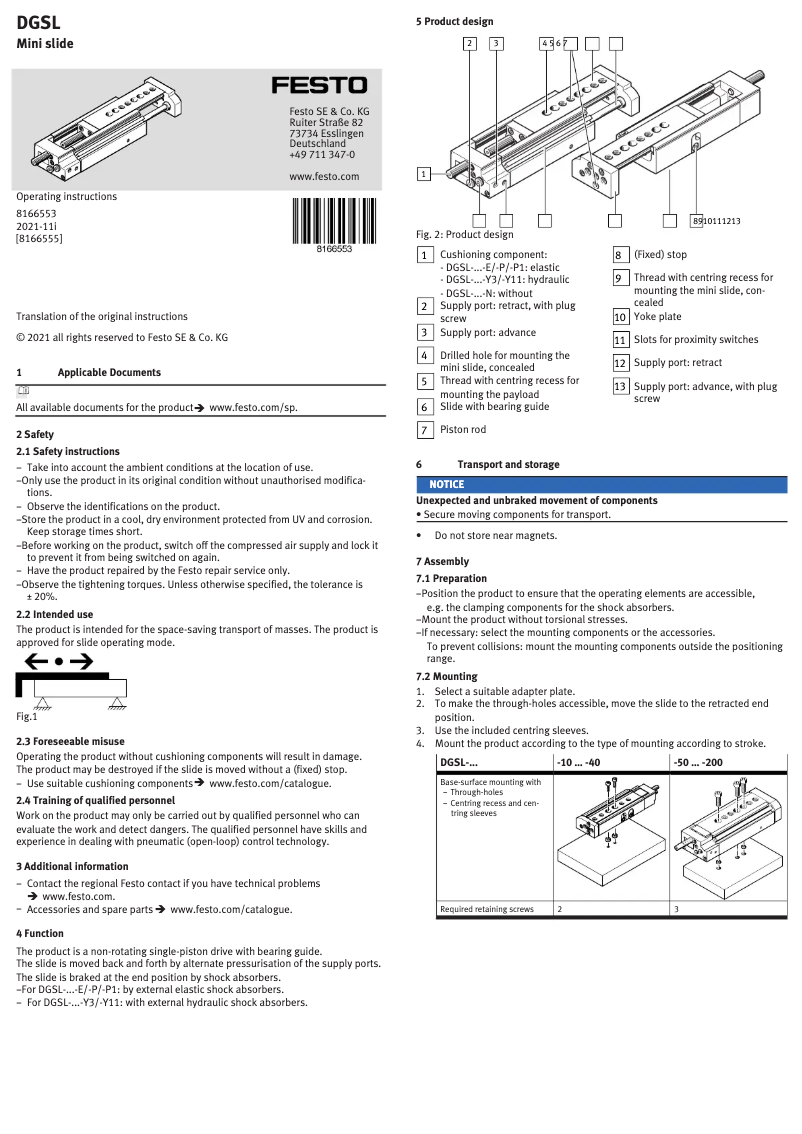 Page 1 de la notice Manuel utilisateur Festo DGSL-10-80-PA